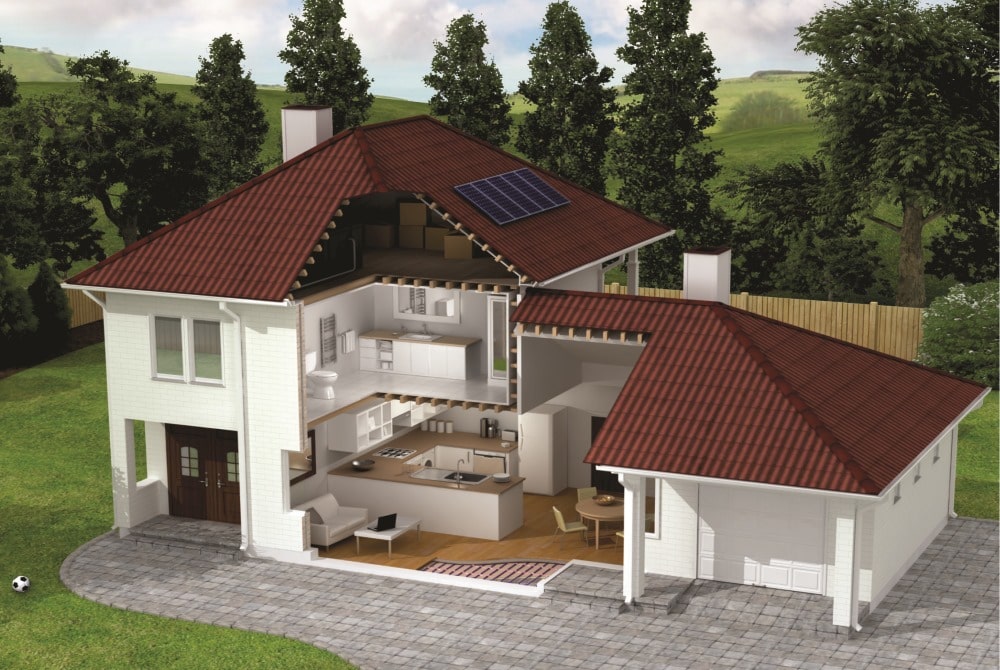 Profil domu zobrazující elektrické podlahové vytápění v různých místnostech